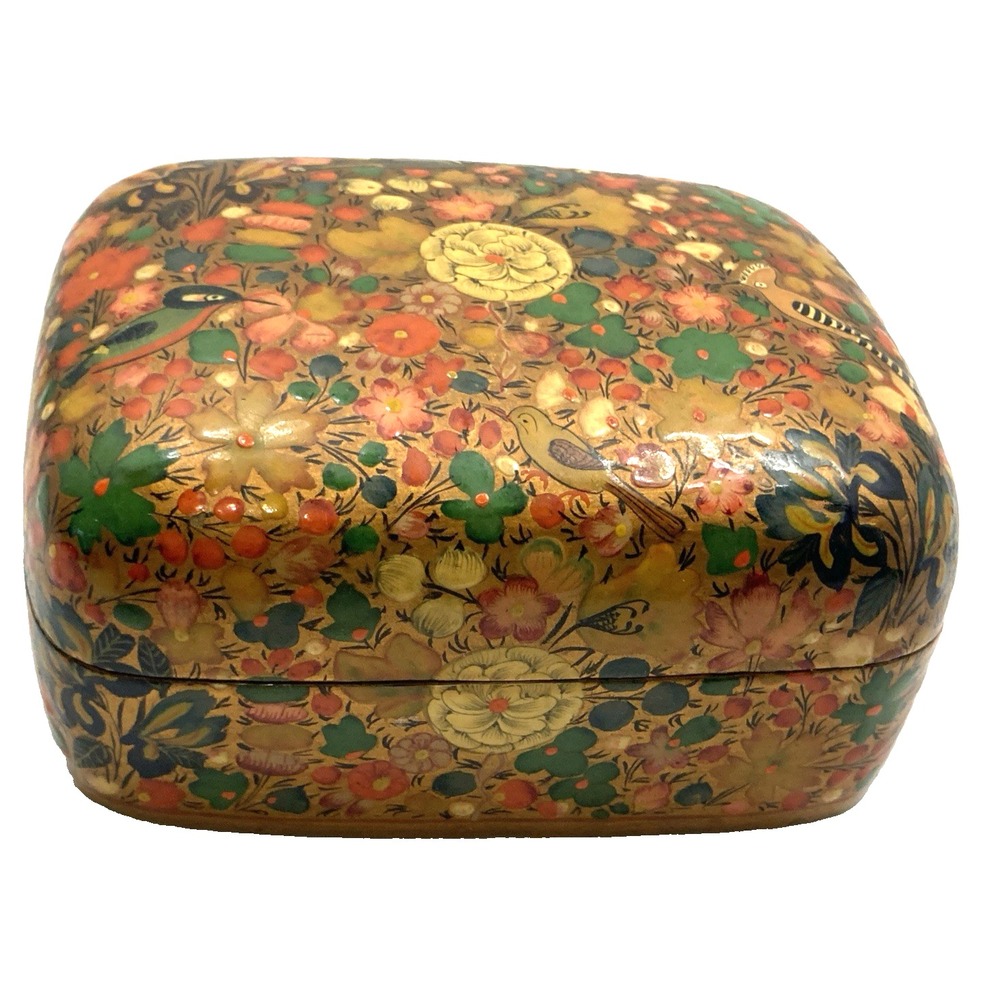 VTG 1970s Kashmir Lacquered Floral‎ Motif Paper Mache Birds Jewelry Trinket Box